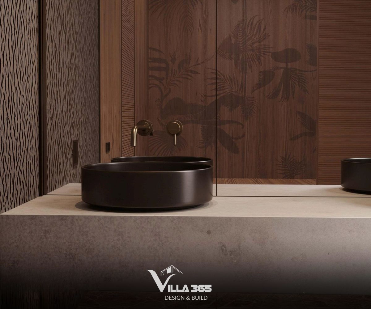 Thiết kế nội thất Nix Villa: Không gian sống lấy cảm hứng từ Reiki 14 Bàn đá dày dặn, chắc chắn mang lại cảm giác vững chãi, trong khi gỗ ốp tường gợi lên sự gần gũi, thô mộc