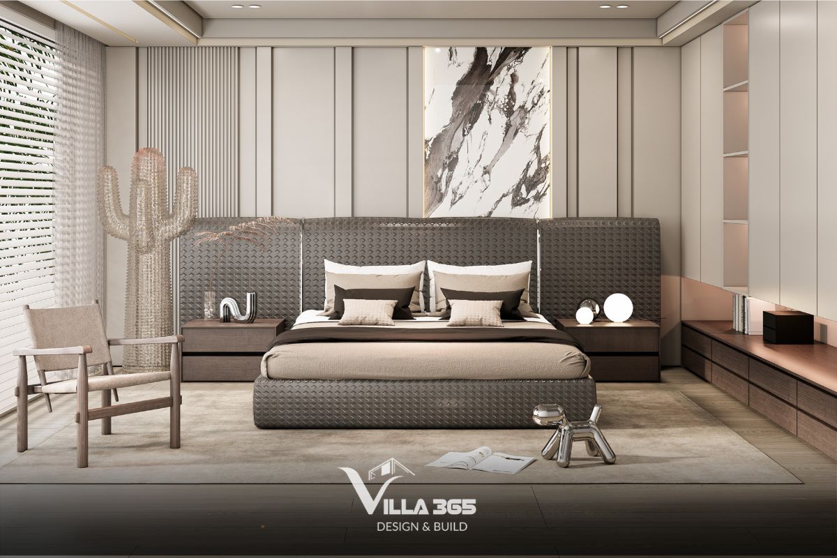 Mảng đầu giường lớn với bề mặt vải có kết cấu 3D dập nổi mang lại cảm giác thủ công tinh xảo 