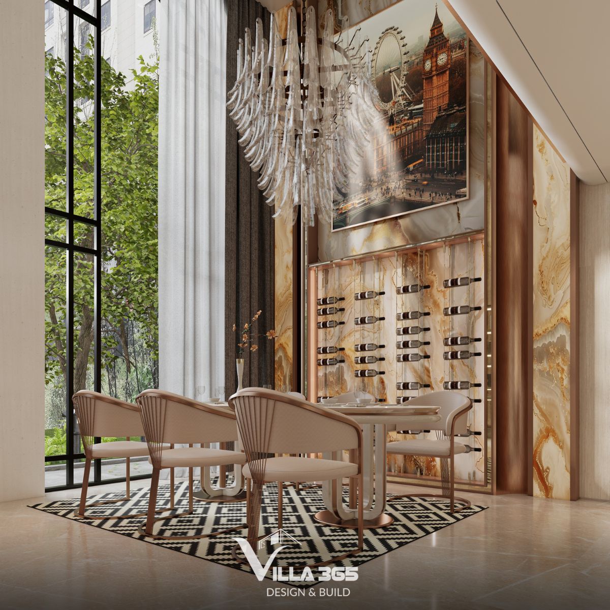 Thiết kế nội thất Timeless Manor – Kiến tạo chốn an trú thượng lưu 5 Toàn bộ mảng tường phía sau tủ rượu được ốp đá tự nhiên với những đường vân lớn, rực rỡ như một bức tranh nghệ thuật tinh xảo
