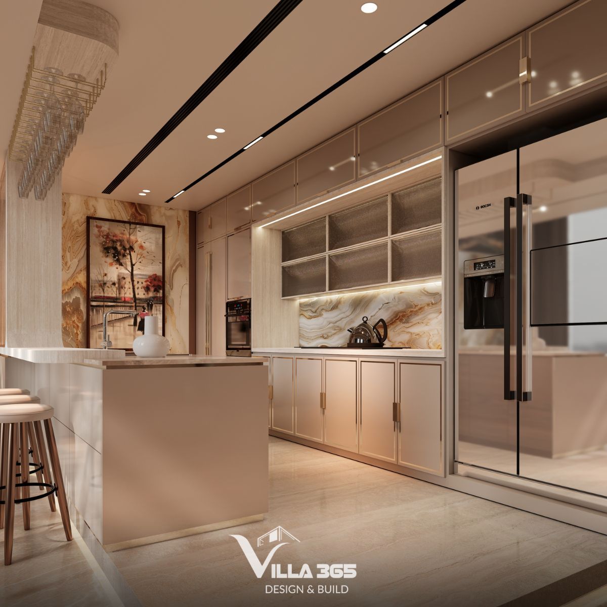 Thiết kế nội thất Timeless Manor – Kiến tạo chốn an trú thượng lưu 8 Mảng tường bếp và góc trang trí phía sau quầy bar tiếp tục sử dụng đá Onyx với vân màu hổ phách rực rỡ