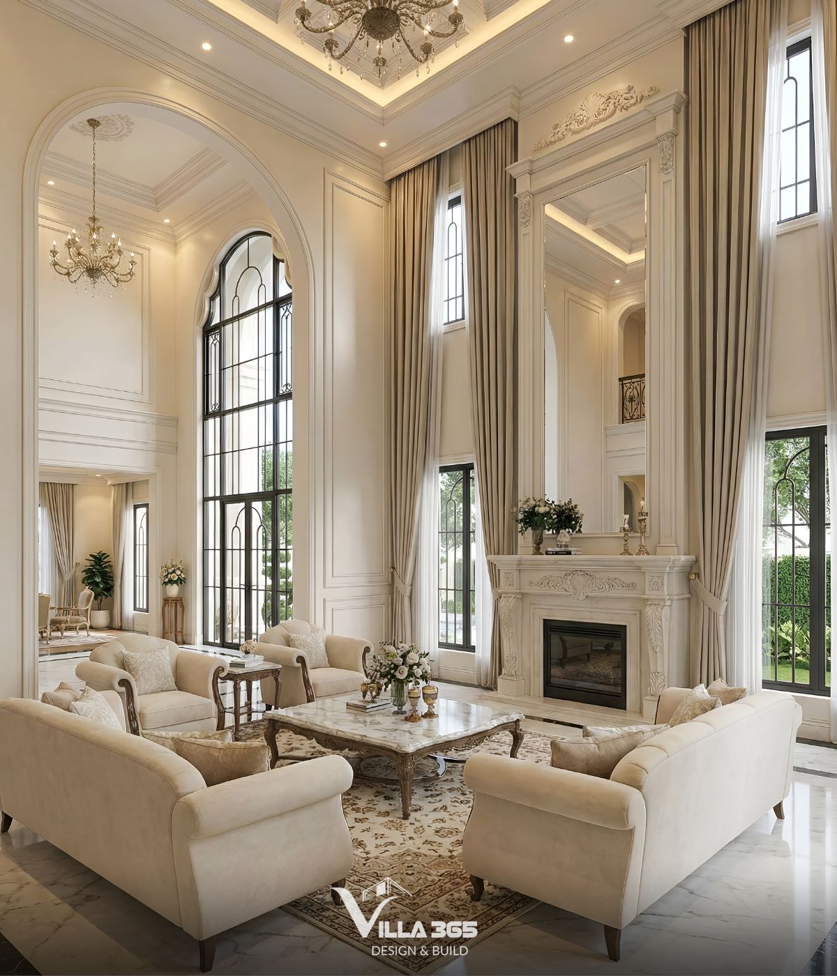 Thiết kế nội thất Villa Héritage - Không gian sống mang vẻ đẹp kinh điển và sức hấp dẫn trường tồn 4 Bộ sofa bọc nệm màu beige cao cấp với các đường cong mềm mại, kết hợp bàn trà mặt đá cẩm thạch chân gỗ chạm khắc đồng bộ với thảm trải sàn có hoa văn cổ điển bên dưới