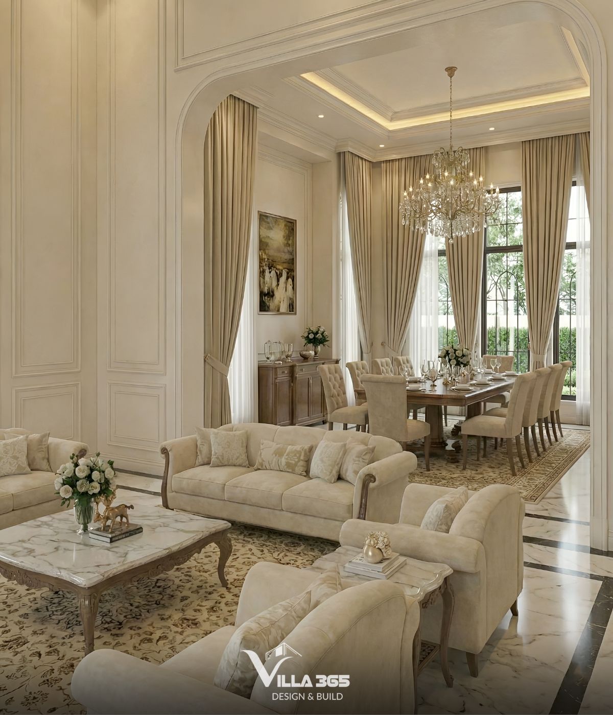 Thiết kế nội thất Villa Héritage - Không gian sống mang vẻ đẹp kinh điển và sức hấp dẫn trường tồn 5 Phòng khách và phòng ăn được kết nối với nhau, chỉ ngăn cách nhẹ nhàng bằng một vòm cửa lớn