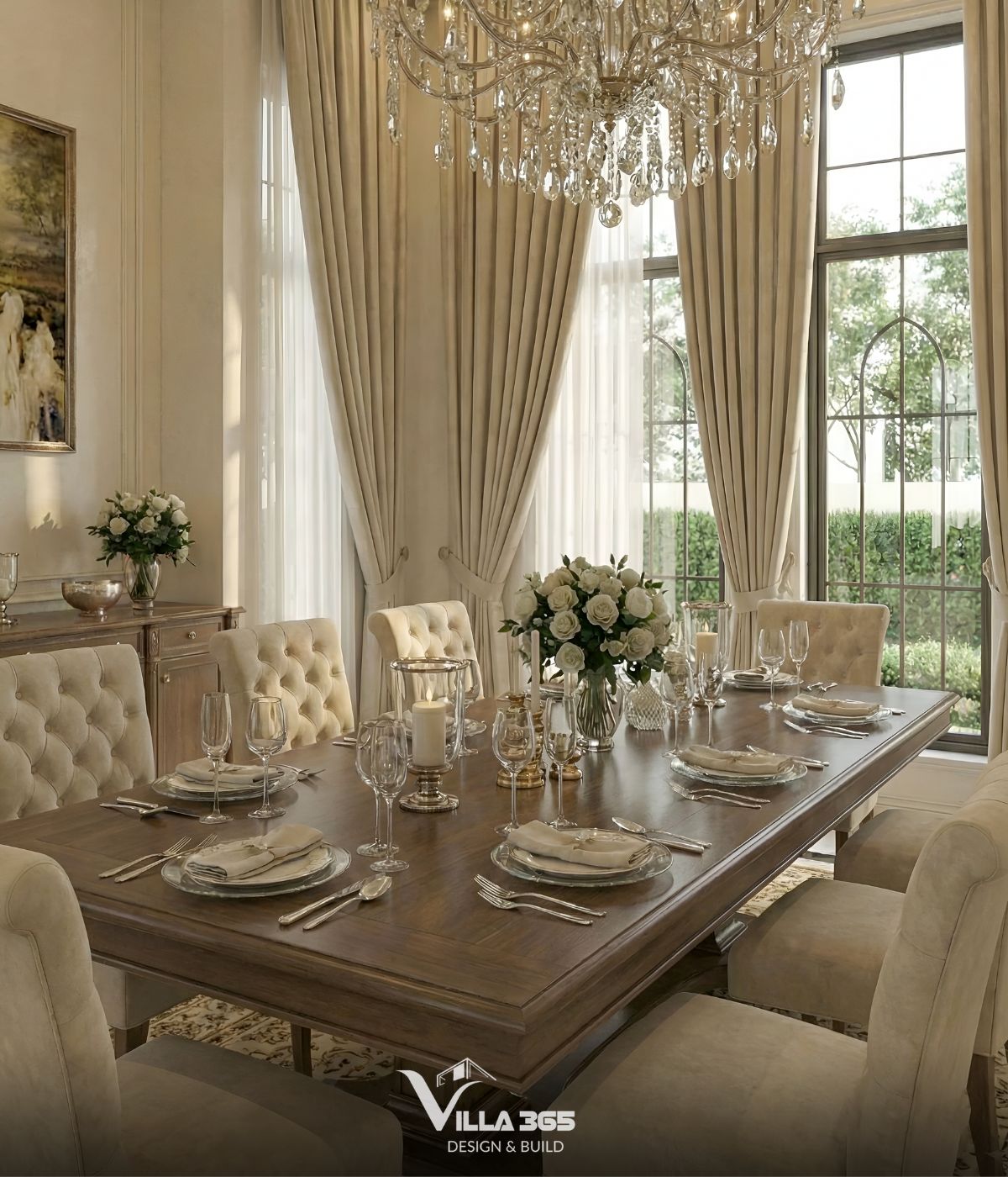 Thiết kế nội thất Villa Héritage - Không gian sống mang vẻ đẹp kinh điển và sức hấp dẫn trường tồn 7 Những chiếc ghế ăn được bọc nệm nhung màu kem với kỹ thuật rút múi đặc trưng, không chỉ mang lại sự thoải mái mà còn tăng thêm vẻ quyền quý
