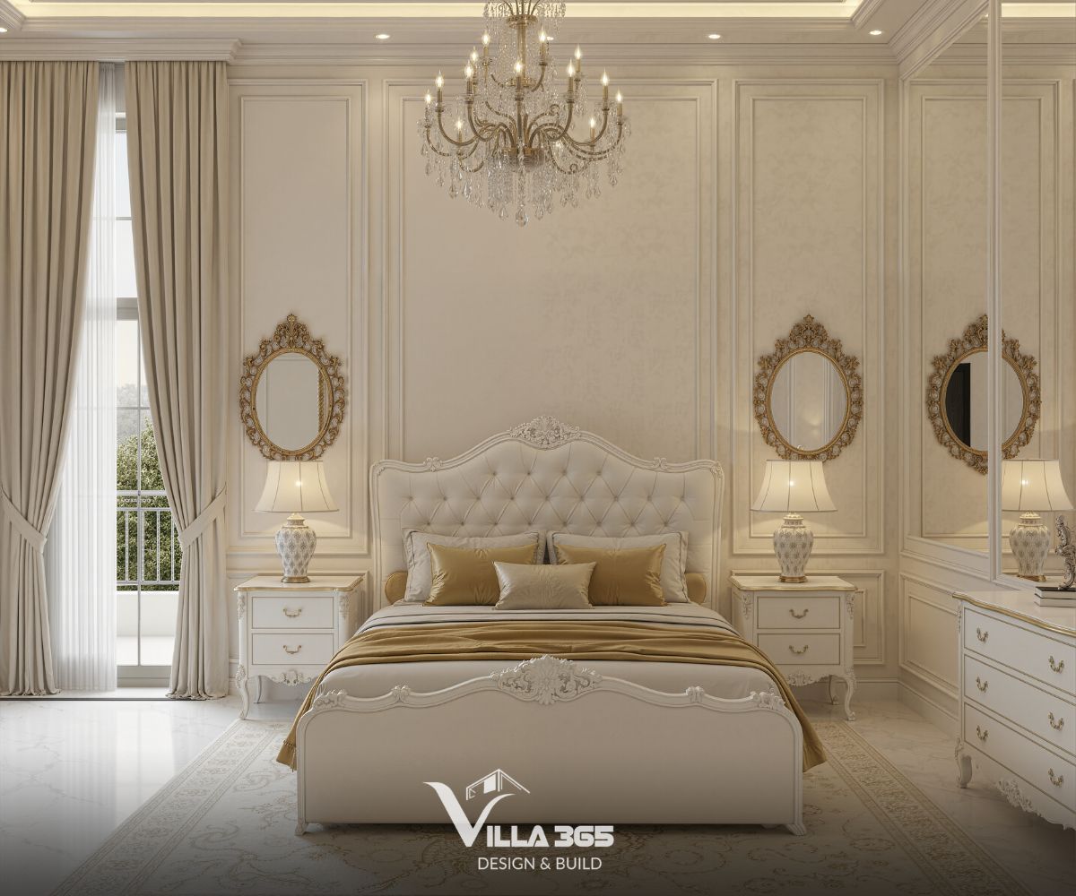 Thiết kế nội thất Villa Héritage - Không gian sống mang vẻ đẹp kinh điển và sức hấp dẫn trường tồn 8 Hai bên giường là hai chiếc tab đầu giường thấp, bên trên đặt đèn ngủ gốm sứ sang trọng