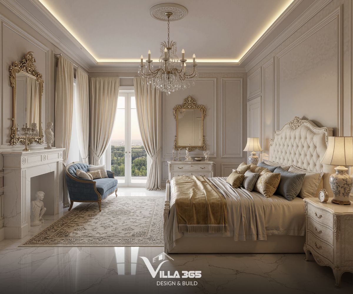 Thiết kế nội thất Villa Héritage - Không gian sống mang vẻ đẹp kinh điển và sức hấp dẫn trường tồn 9 Ghế sofa đôi màu xanh cổ điển đặt cạnh cửa sổ lớn là nơi lý tưởng để ngồi đọc sách hoặc ngắm nhìn cảnh quan sân vườn bên ngoài