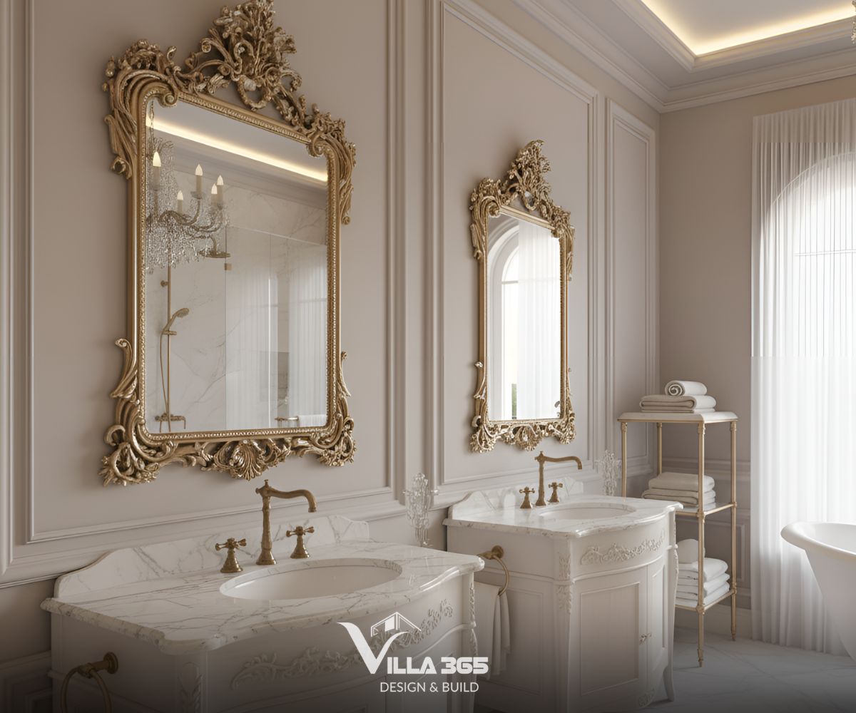 Thiết kế nội thất Villa Héritage - Không gian sống mang vẻ đẹp kinh điển và sức hấp dẫn trường tồn 11 Thiết kế hai bồn rửa riêng biệt với hệ tủ gỗ chạm khắc trắng, mặt đá cẩm thạch và gương soi khung vàng uốn lượn