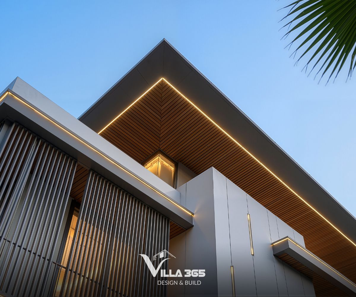Oasis Villa - Nơi khởi sinh nhịp sống mới cho gia đình trẻ 4 Trần hiên được ốp gỗ cùng dải đèn LED chạy dọc theo viền mái, tạo điểm nhấn nổi bật