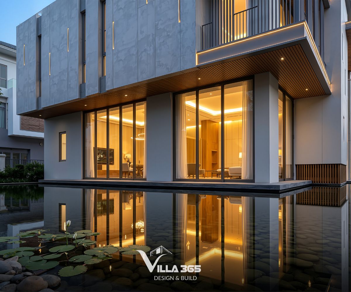 Oasis Villa - Nơi khởi sinh nhịp sống mới cho gia đình trẻ 8 Mặt nước phẳng lặng phản chiếu trọn vẹn ánh sáng và hình khối kiến trúc của ngôi nhà