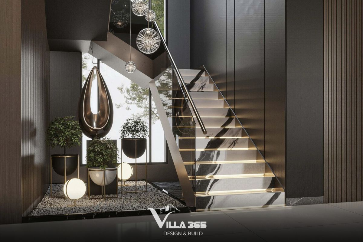 Thiết kế nội thất Solaris Villa – Khoảng dừng ấm áp giữa đời sống hiện đại 6 Khu vực dưới cầu thang được tận dụng để thiết kế góc vườn khô rải sỏi trắng mang hơi hướng phong cách Zen