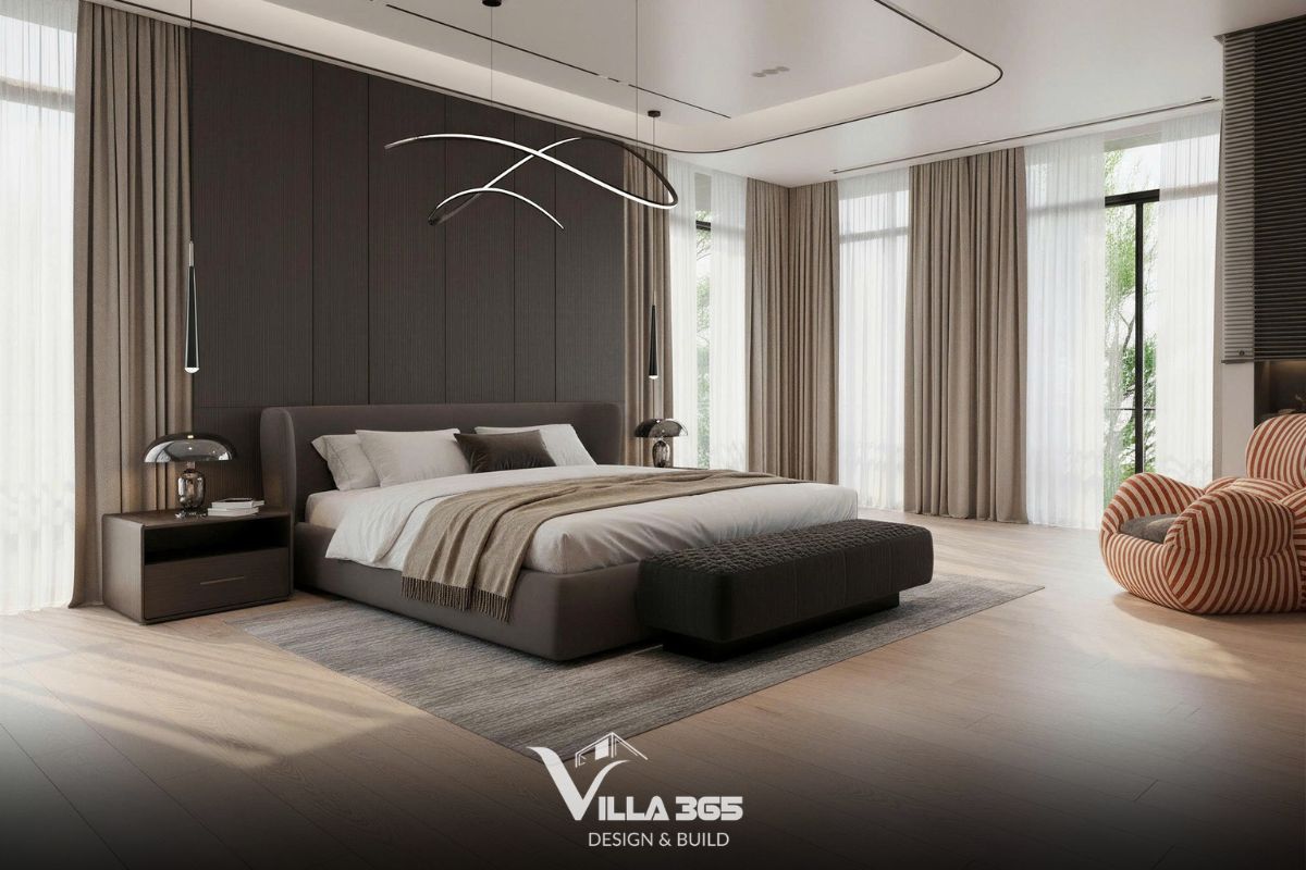 Thiết kế nội thất Solaris Villa – Khoảng dừng ấm áp giữa đời sống hiện đại 9 Ghế thư giãn với họa tiết kẻ sọc đỏ-beige không chỉ là điểm nhấn về màu sắc mà còn mang hơi thở của thiết kế thập niên 70, củng cố thêm sắc thái hoài niệm cho căn phòng