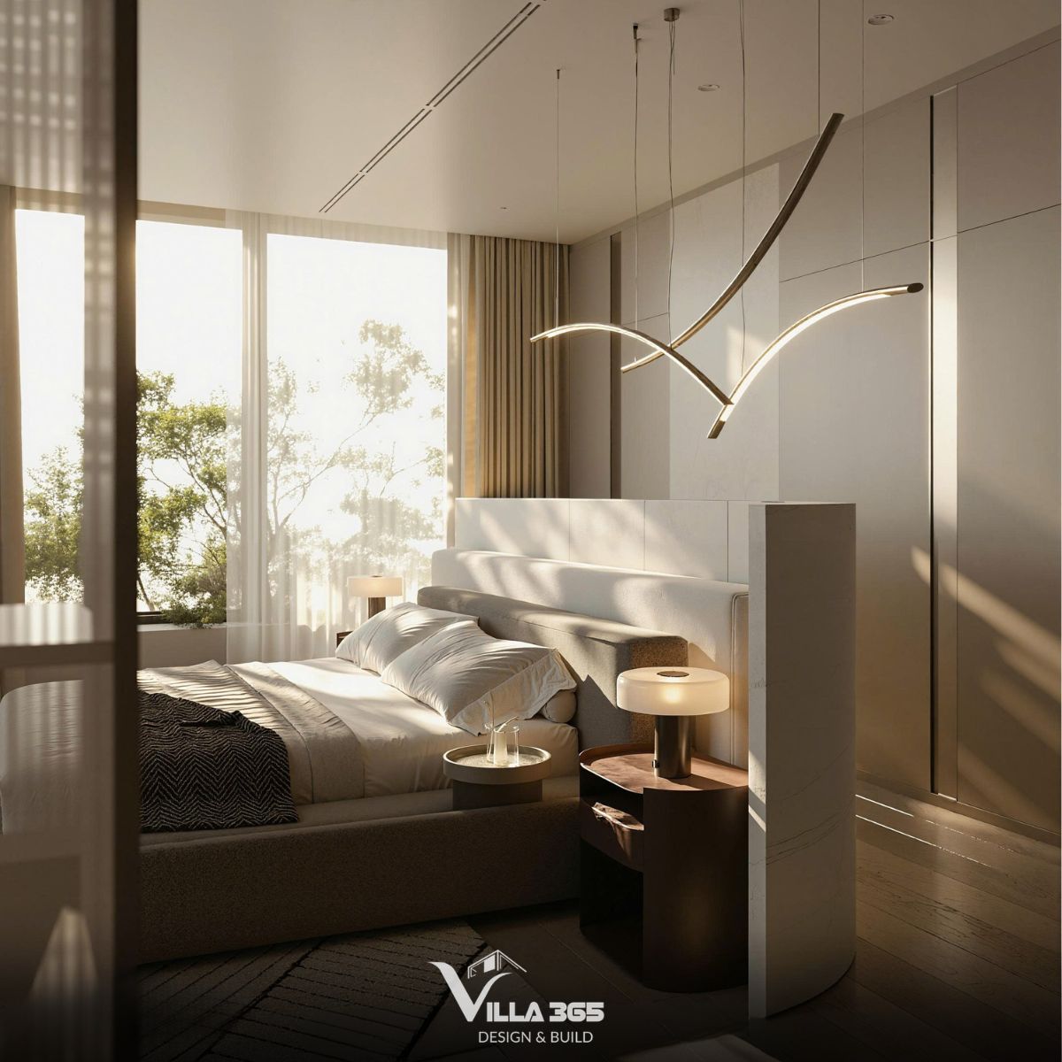 Thiết kế nội thất Solaris Villa – Khoảng dừng ấm áp giữa đời sống hiện đại 10 Hệ cửa kính lớn từ trần đến sàn mở ra khung cảnh cây xanh bên ngoài, giúp gia chủ cảm nhận được nhịp thở của tự nhiên