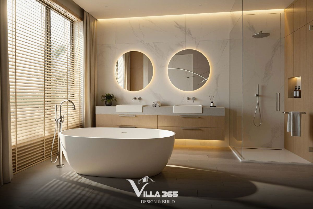 Thiết kế nội thất Solaris Villa – Khoảng dừng ấm áp giữa đời sống hiện đại 11 Khu vực tắm đứng được ngăn cách bằng kính trong suốt, giúp không gian không bị chia cắt mà vẫn giữ được sự khô ráo, tiện nghi