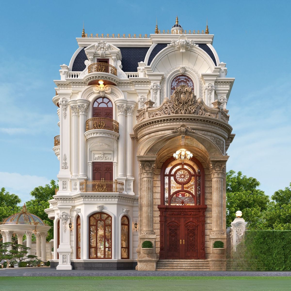Thiết kế biệt thự châu Âu cổ điển với mặt tiền bề thế và chi tiết tinh xảo (Ảnh: Sưu tầm)