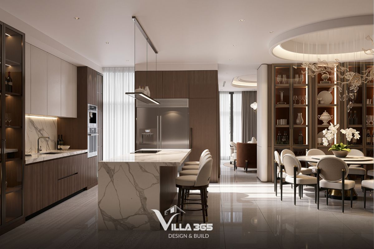 Khu vực bếp được kết nối trực tiếp với phòng khách và bàn ăn, giúp mọi hoạt động sinh hoạt diễn ra thuận tiện hơn 