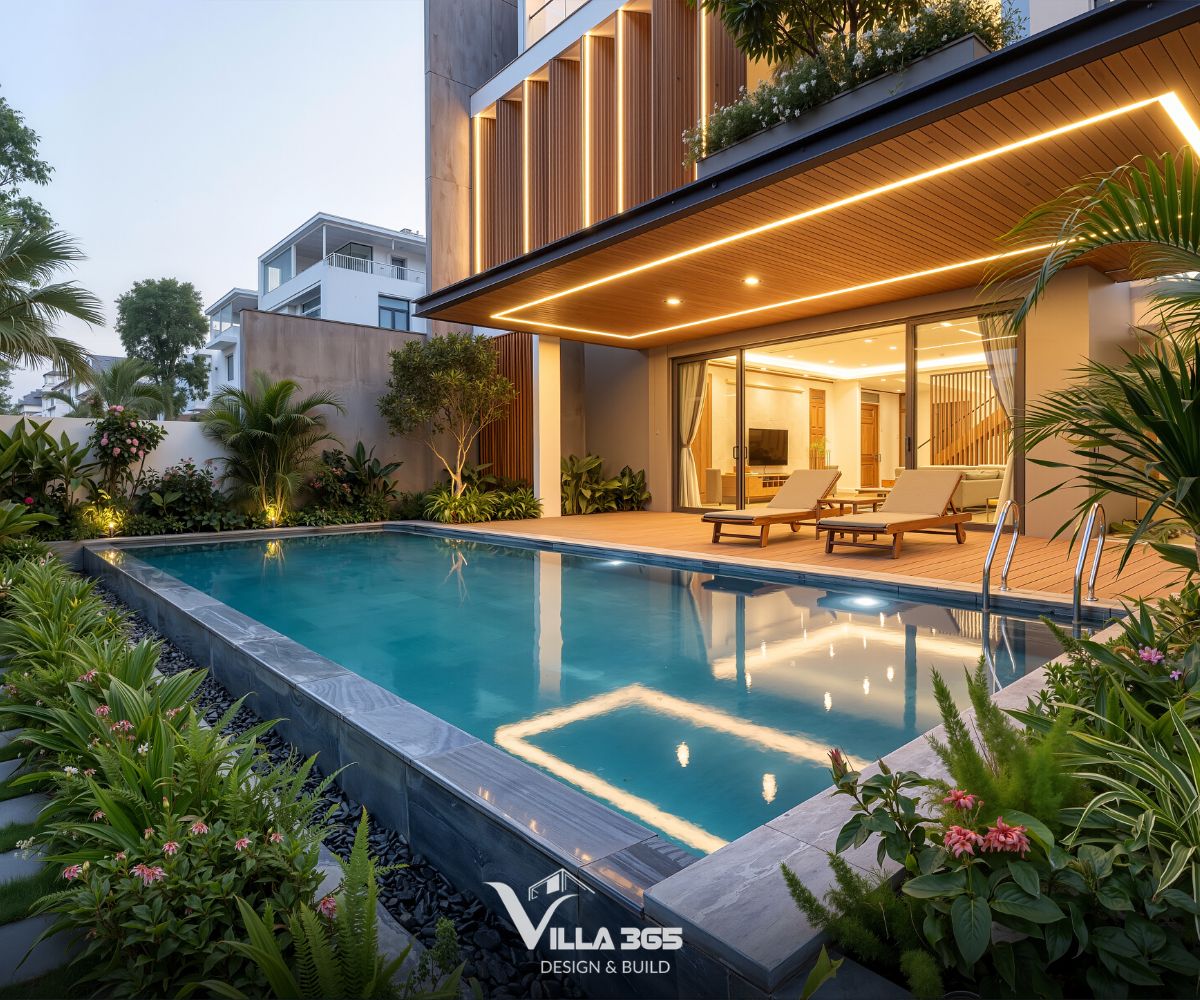 Yên Villa – Biệt thự 3 tầng xử lý nắng Tây Bắc bằng hệ lam 45 độ và vườn nhiệt đới 4 Hồ bơi góp phần giảm bức xạ nhiệt hướng Tây