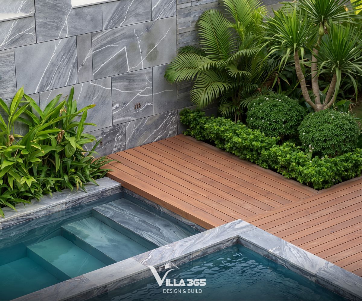 Yên Villa – Biệt thự 3 tầng xử lý nắng Tây Bắc bằng hệ lam 45 độ và vườn nhiệt đới 6 Cây xanh giúp làm mềm các khối kiến trúc vuông vức