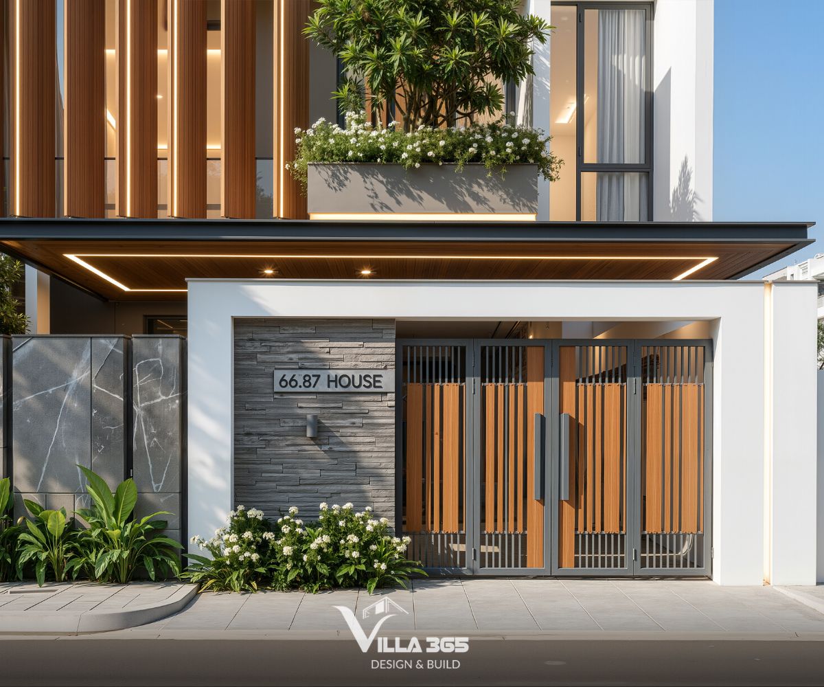 Yên Villa – Biệt thự 3 tầng xử lý nắng Tây Bắc bằng hệ lam 45 độ và vườn nhiệt đới 8 Cổng chính sử dụng hệ cửa sắt hộp màu xám đen kết hợp các nan gỗ dọc tông màu ấm
