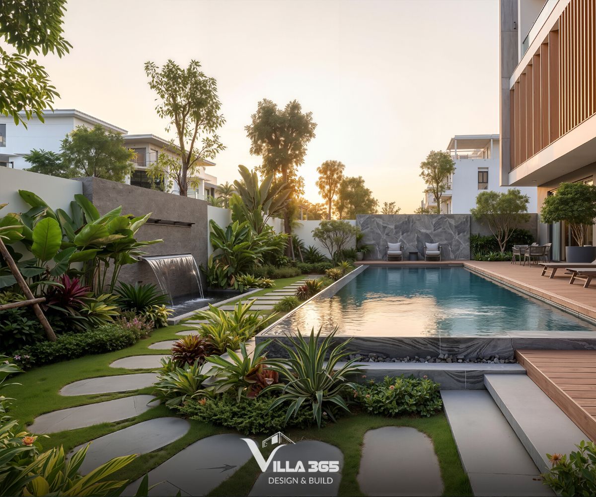 Yên Villa – Biệt thự 3 tầng xử lý nắng Tây Bắc bằng hệ lam 45 độ và vườn nhiệt đới 9 Lối đi dạo uốn lượn mềm mại được tạo thành từ các phiến đá thô