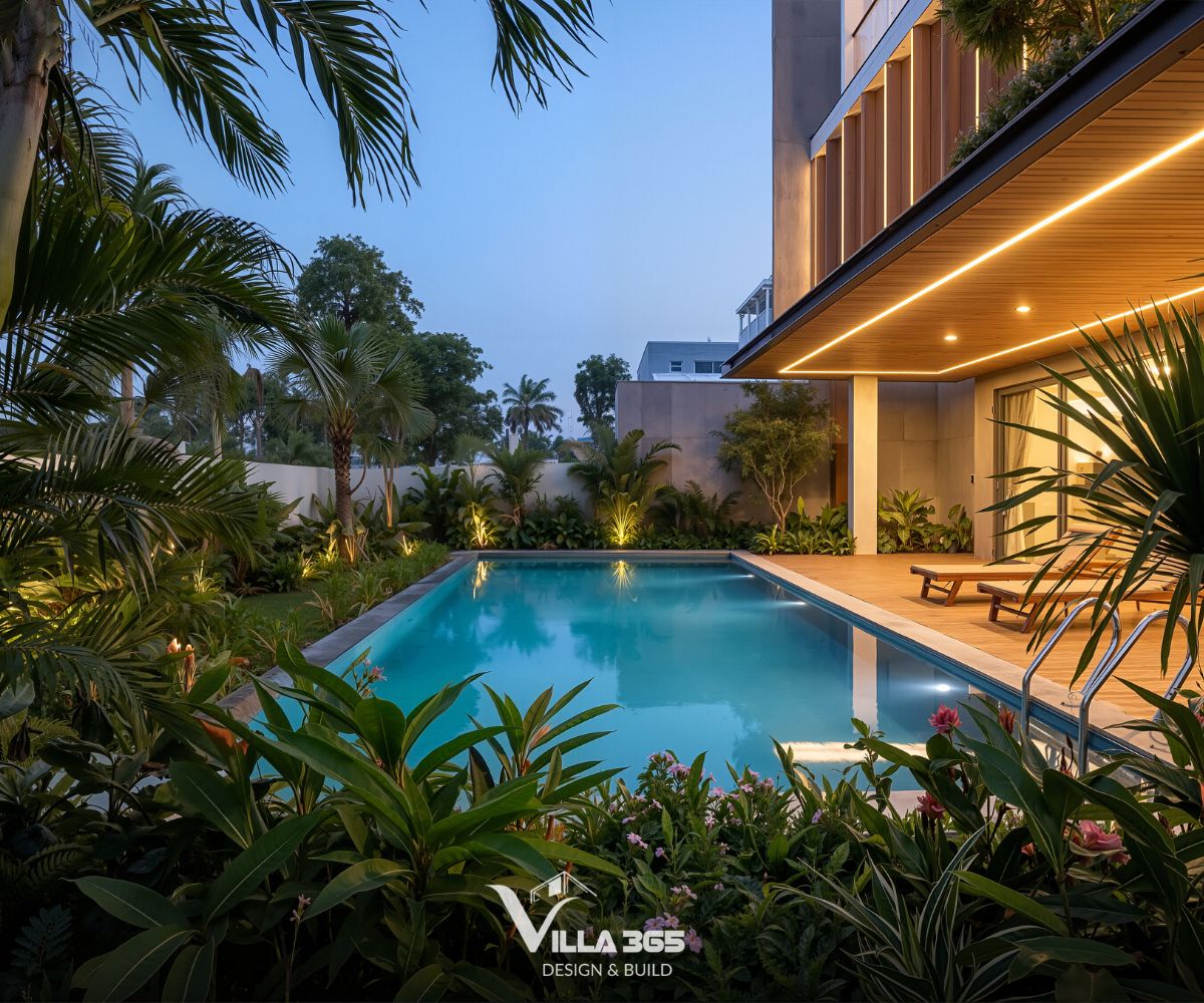 Yên Villa – Biệt thự 3 tầng xử lý nắng Tây Bắc bằng hệ lam 45 độ và vườn nhiệt đới 10 Những khóm hoa bụi rực rỡ sắc màu được bố trí đan xen dưới chân các gốc cây lớn