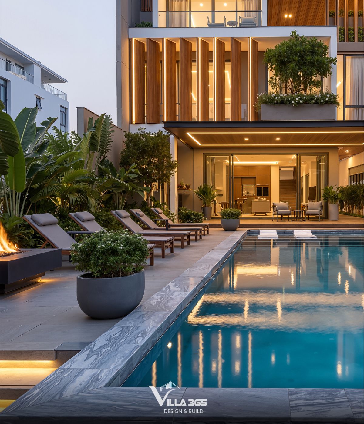 Yên Villa – Biệt thự 3 tầng xử lý nắng Tây Bắc bằng hệ lam 45 độ và vườn nhiệt đới 11 Ánh sáng nhân tạo tôn vinh bề mặt vật liệu vào ban đêm