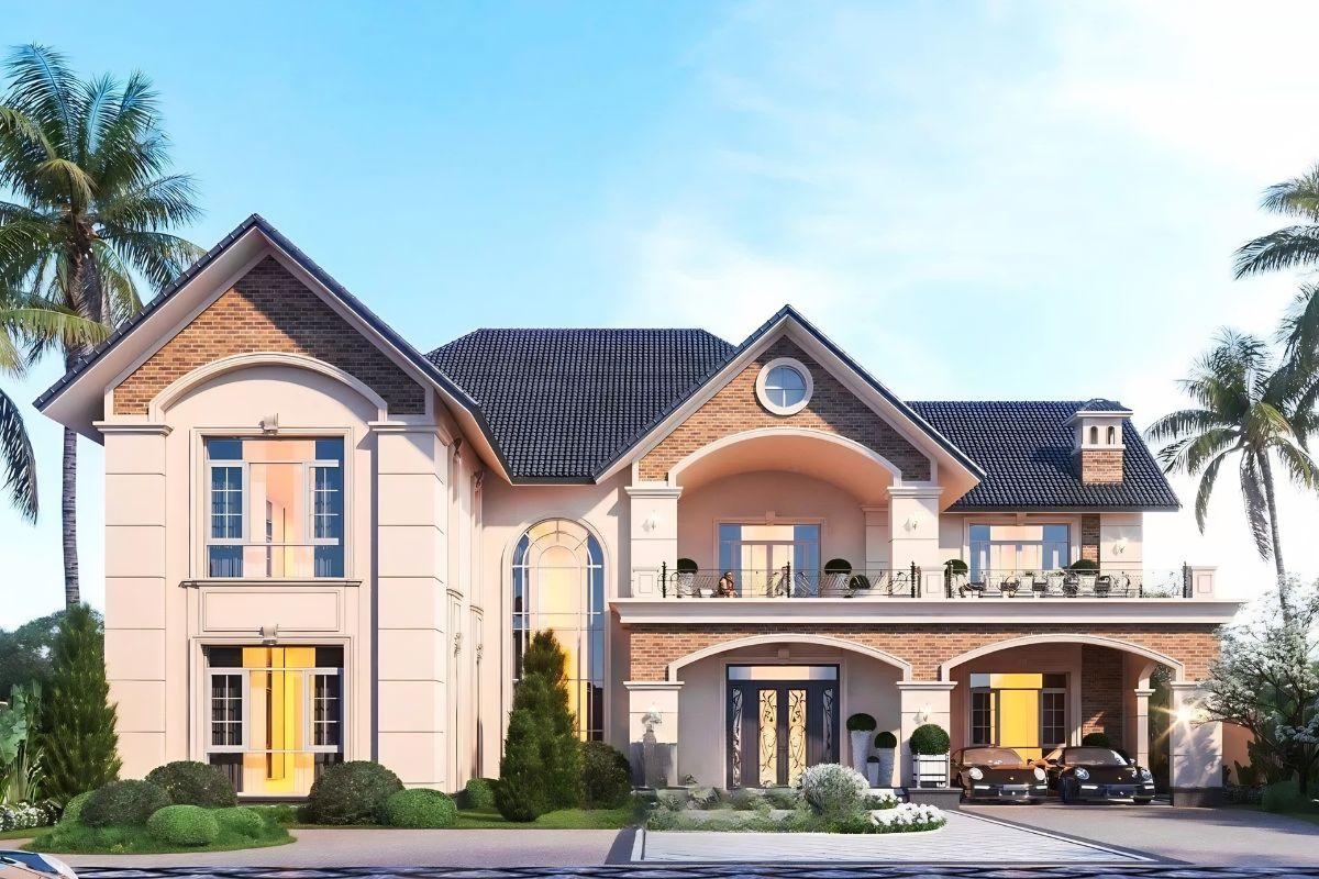 Biệt thự 1 trệt 1 lầu mái thái chữ L giúp tận dụng hiệu quả diện tích đất và tạo thêm khoảng sân sinh hoạt phía trước (Ảnh: Sưu tầm)