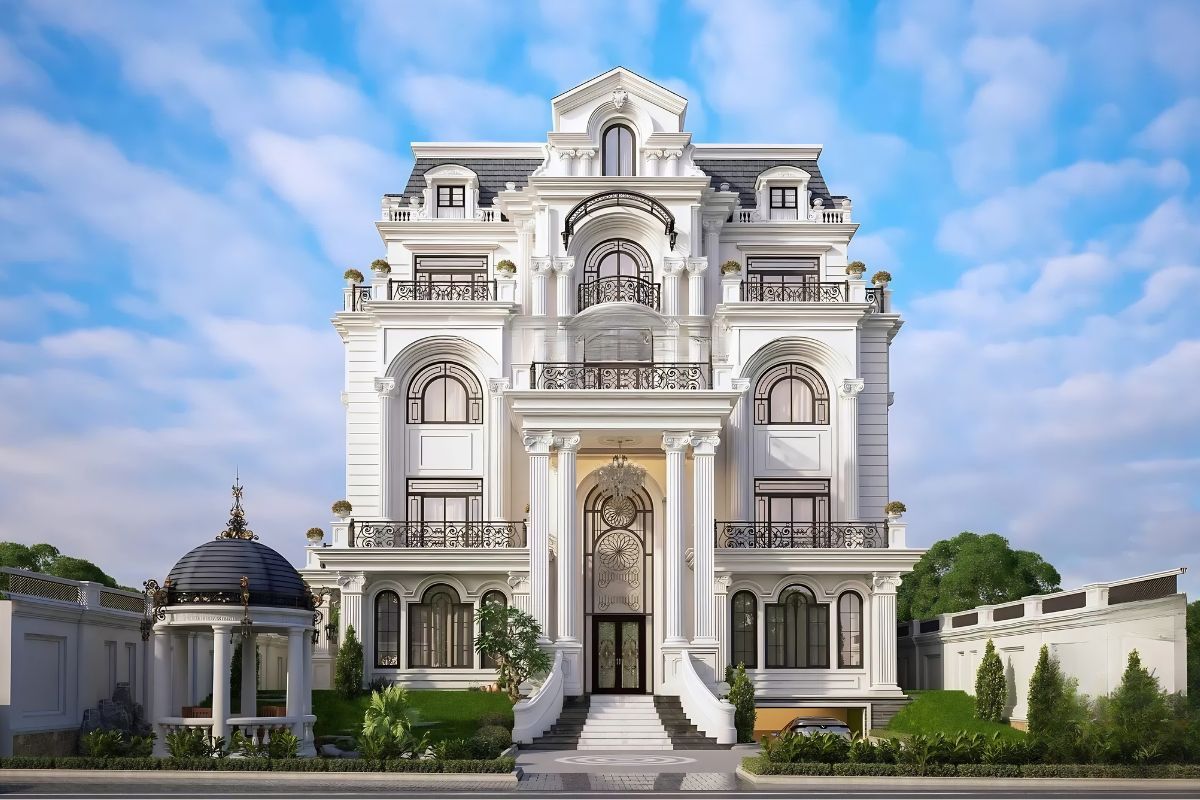 Mẫu biệt thự 1 trệt 3 lầu đẹp đẳng cấp kèm báo giá chi tiết 2026 9 Các hệ cột, mái vòm và phào chỉ được tiết chế hợp lý để tạo cảm giác thanh thoát (Ảnh: Sưu tầm)