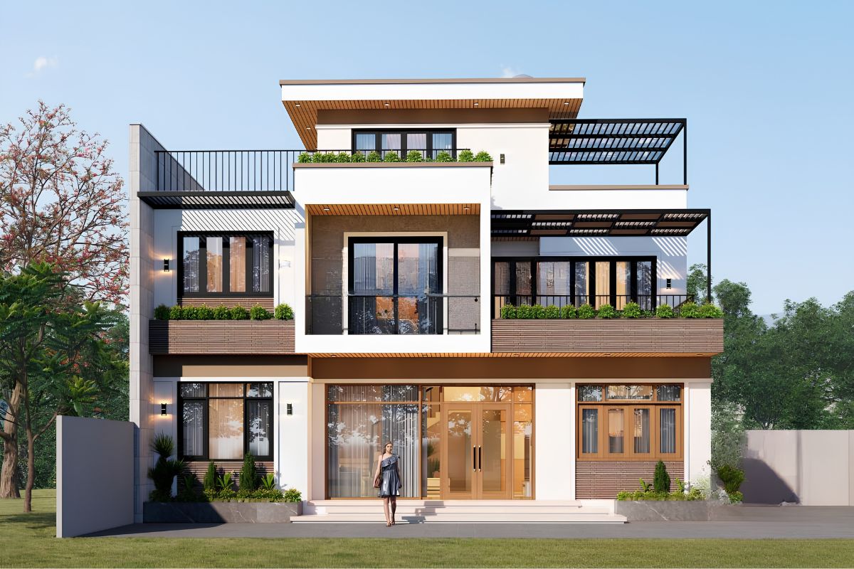 Mẫu biệt thự 2 tầng 1 tum đẹp 2026: Xu hướng thiết kế & báo giá trọn gói 5 Sự kết hợp giữa kiến trúc mở và các khoảng xanh giúp công trình luôn thông thoáng, gần gũi với thiên nhiên (Ảnh: Sưu tầm)