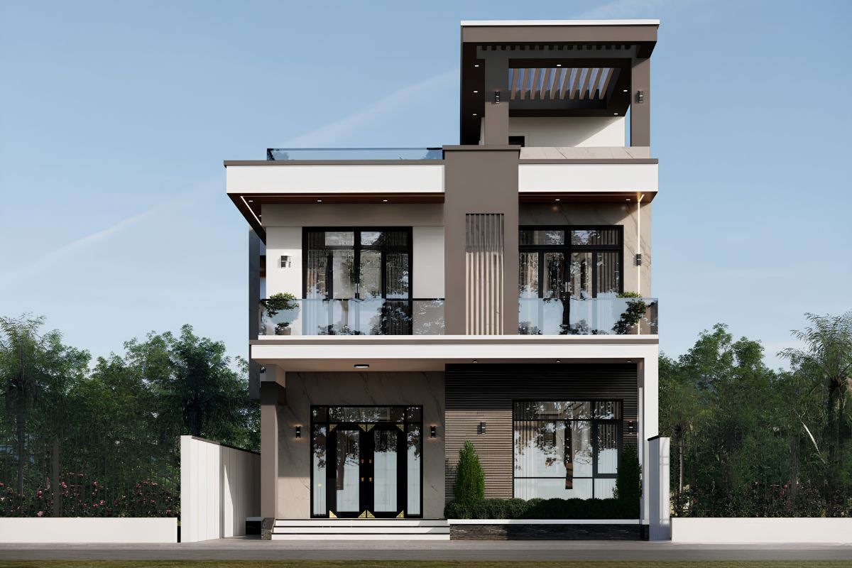 Mẫu biệt thự 2 tầng 1 tum đẹp 2026: Xu hướng thiết kế & báo giá trọn gói 6 Đây là phong cách phù hợp với gia đình trẻ yêu thích sự năng động và đề cao tính ứng dụng lâu dài (Ảnh: Sưu tầm)