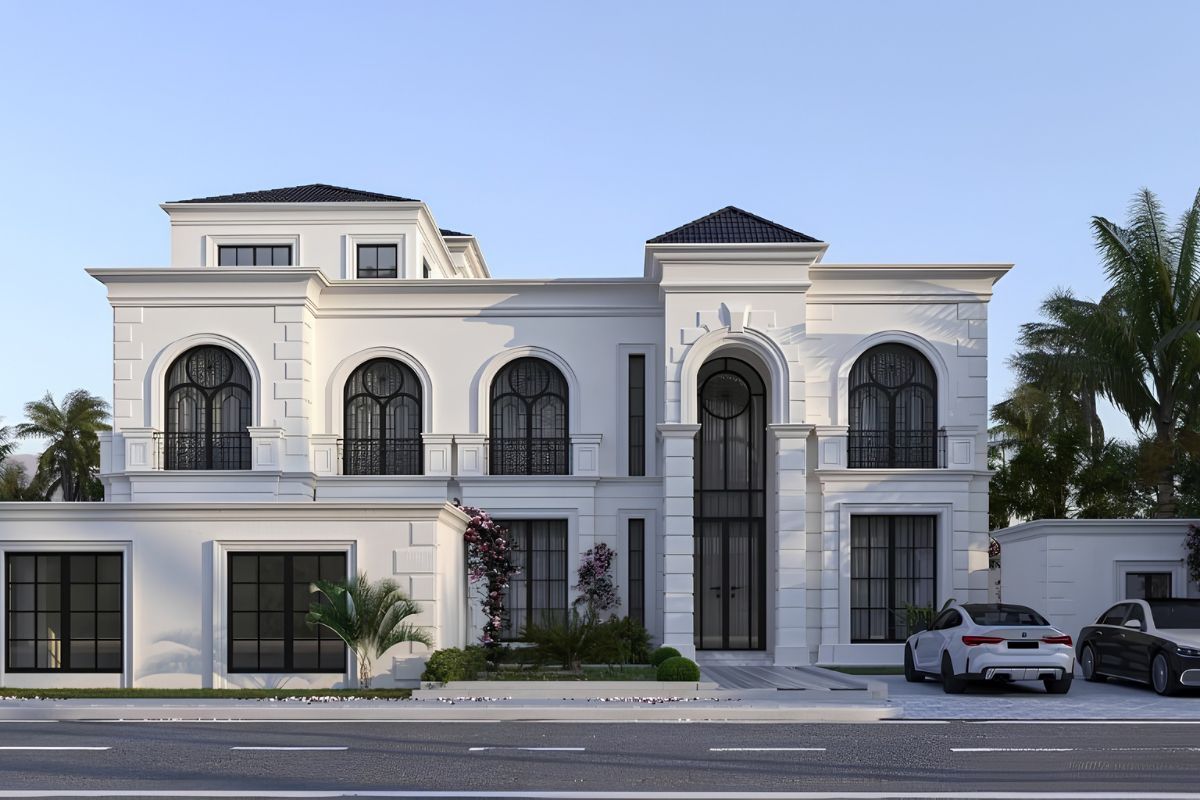 Mẫu biệt thự 2 tầng 1 tum đẹp 2026: Xu hướng thiết kế & báo giá trọn gói 10 Biệt thự 2 tầng 1 tum tân cổ điển mang đến vẻ đẹp sang trọng thông qua sự cân bằng giữa cổ điển và hiện đại (Ảnh: Sưu tầm)