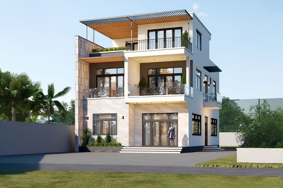 Mẫu biệt thự 2 tầng 1 tum đẹp 2026: Xu hướng thiết kế & báo giá trọn gói 14 Quy mô vừa phải giúp tối ưu chi phí đầu tư mà vẫn đảm bảo tiện nghi sử dụng (Ảnh: Sưu tầm)