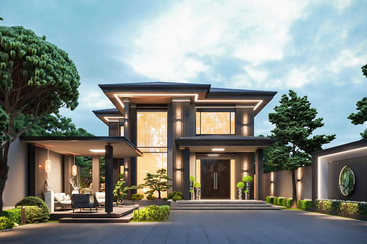 Mẫu biệt thự 2 tầng 5 phòng ngủ hiện đại với kiến trúc tối giản, không gian mở và mặt tiền sang trọng (Ảnh: Sưu tầm)