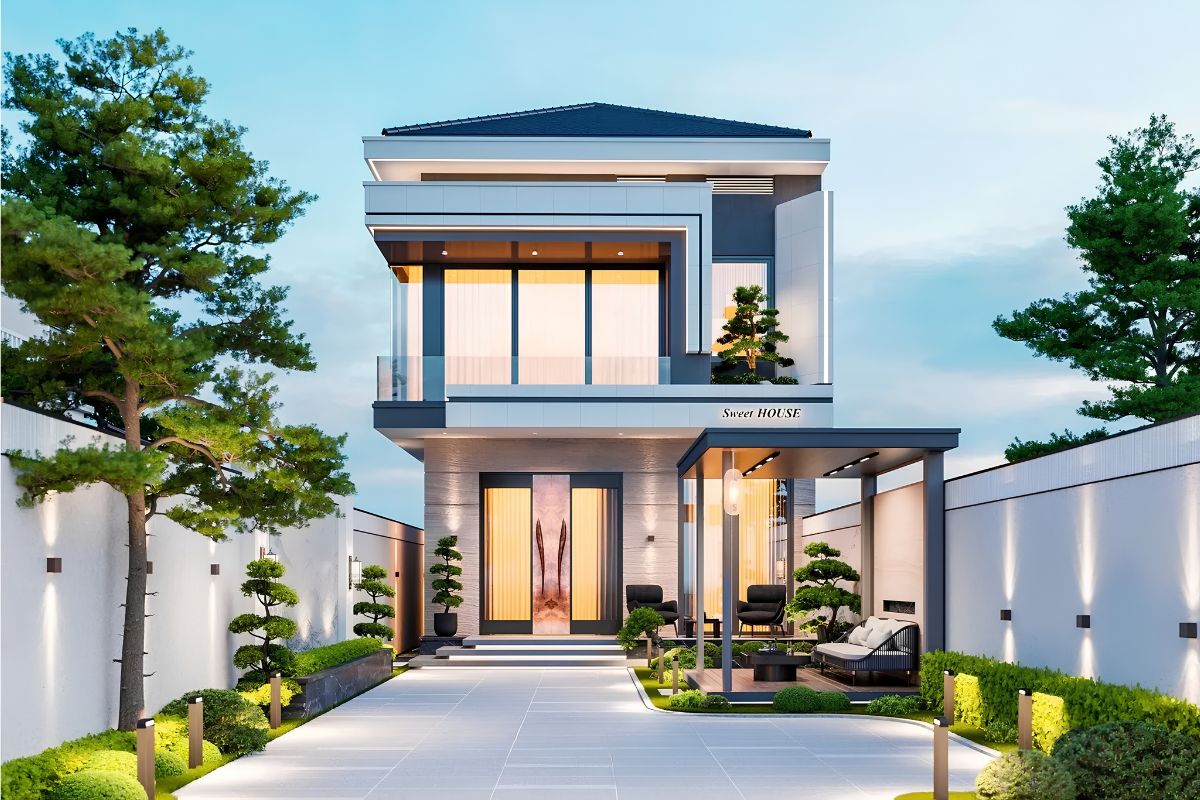 Thiết kế biệt thự 2 tầng 5 phòng ngủ hiện đại sử dụng hình khối khỏe khoắn, phù hợp xu hướng kiến trúc 2026 (Ảnh: Sưu tầm)