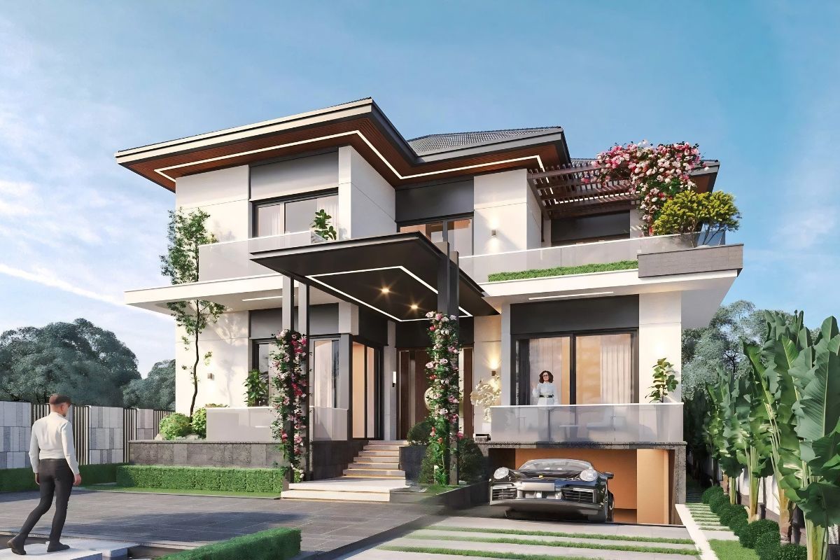 Nhà biệt thự 2 tầng 5 phòng ngủ đẹp theo phong cách hiện đại kết hợp sân vườn và gara tiện nghi (Ảnh: Sưu tầm)