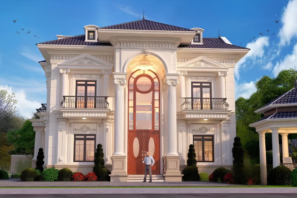Thiết kế biệt thự 2 tầng 5 phòng ngủ tân cổ điển phù hợp gia chủ yêu thích kiến trúc châu Âu (Ảnh: Sưu tầm)