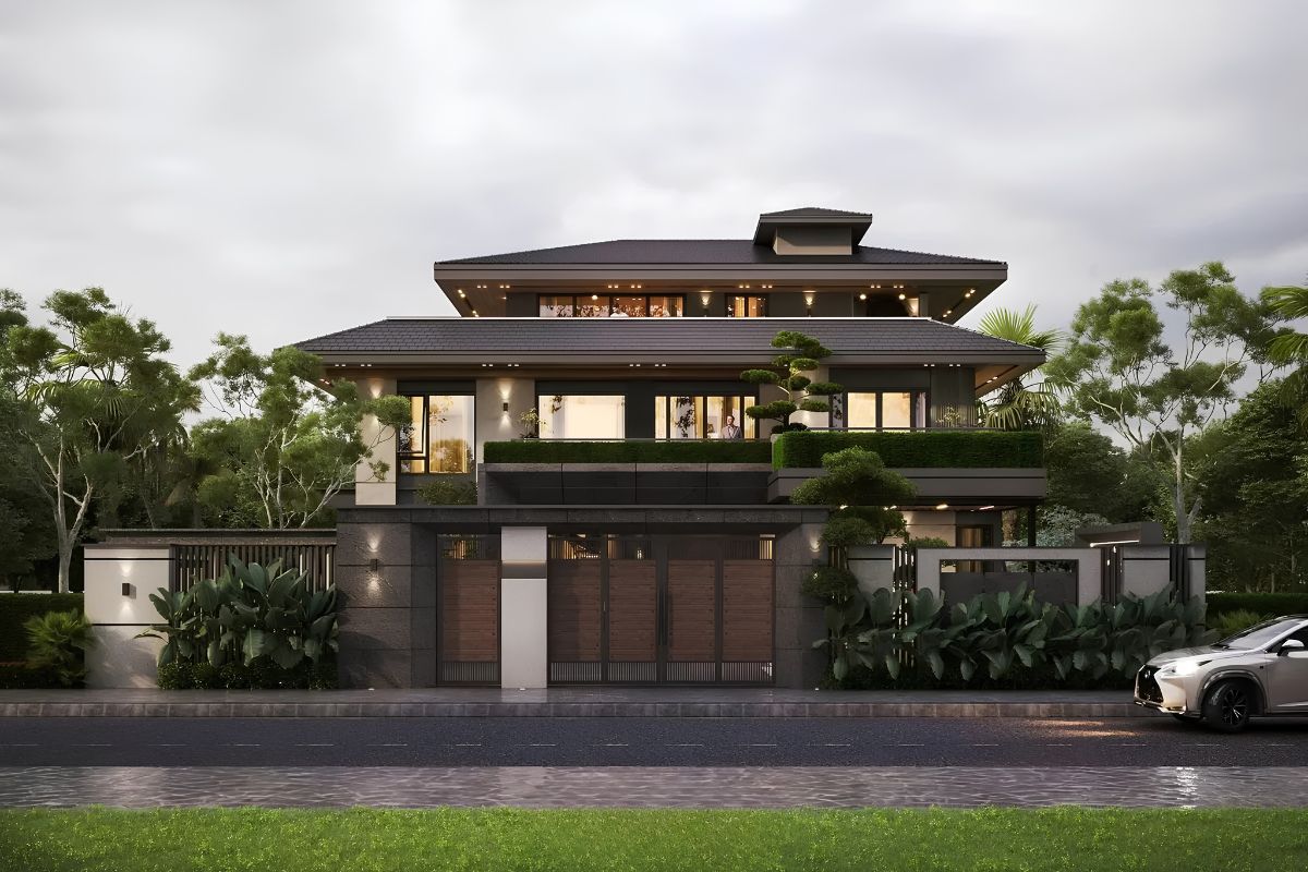Biệt thự 2 tầng 5 phòng ngủ mái Nhật ghi điểm với đường nét thanh lịch và cân đối (Ảnh: Sưu tầm)