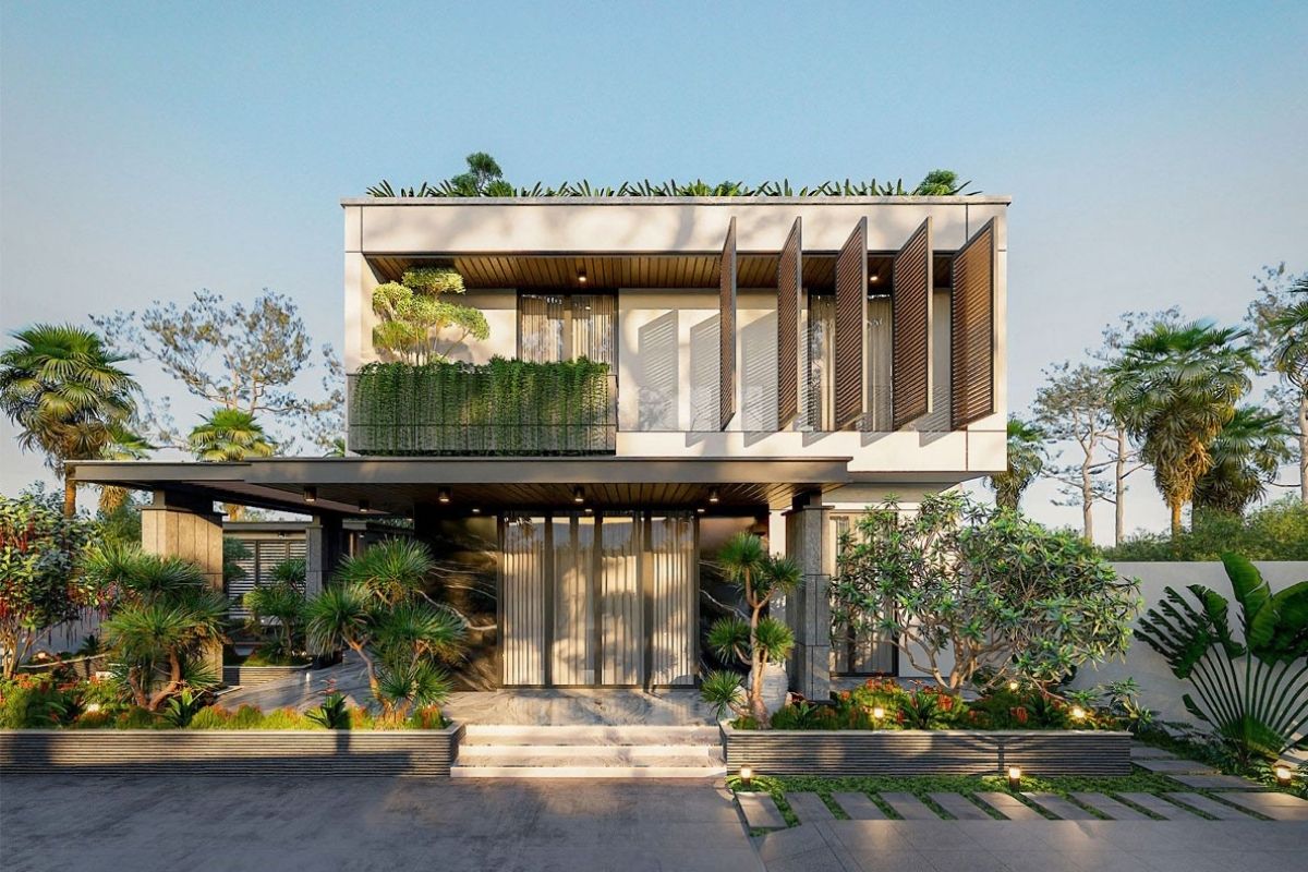 Biệt thự 2 tầng 5 phòng ngủ mái bằng gây ấn tượng với kiến trúc hiện đại và mạnh mẽ (Ảnh: Sưu tầm)