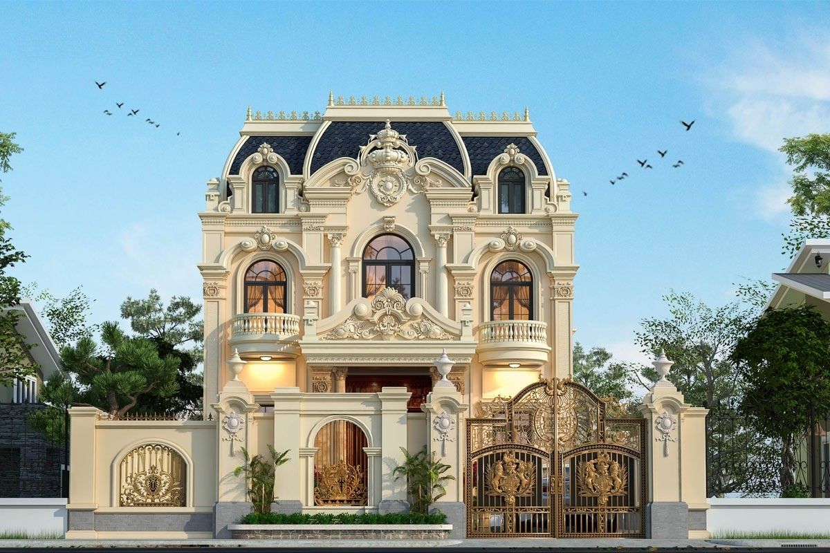 Thiết kế biệt thự 2 tầng 5 phòng ngủ mái Mansard phù hợp công trình quy mô lớn và mặt tiền rộng (Ảnh: Sưu tầm)