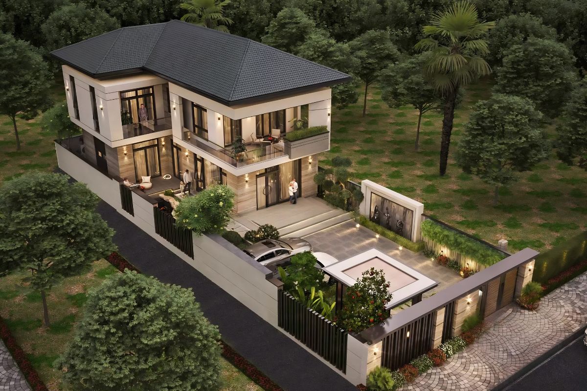 Biệt thự 2 tầng 5 phòng ngủ chữ L giúp tận dụng hiệu quả diện tích đất xây dựng (Ảnh: Sưu tầm)