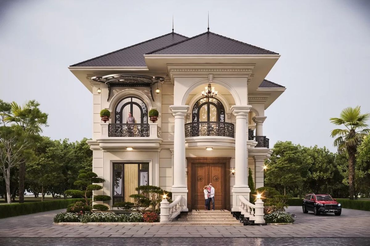Thiết kế biệt thự 2 tầng 5 phòng ngủ chữ L phù hợp đất góc hoặc khu đất không vuông vắn (Ảnh: Sưu tầm)