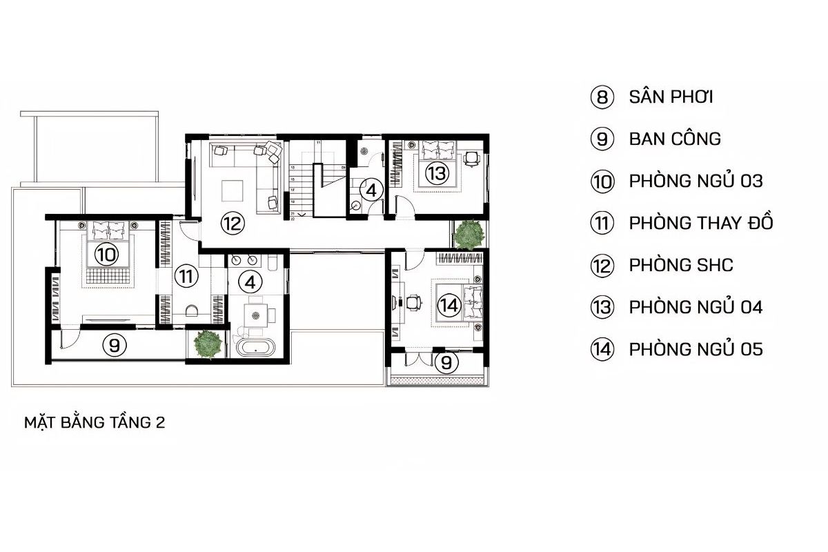 Thiết kế biệt thự 2 tầng 5 phòng ngủ với phòng Master rộng rãi và riêng tư (Ảnh: Sưu tầm)
