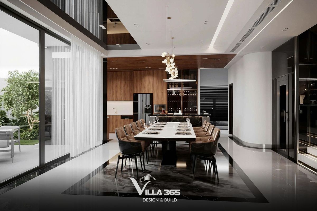 Khu vực sinh hoạt chung liên thông bếp ăn trong biệt thự 2 tầng 5 phòng ngủ tạo sự kết nối cho cả gia đình 