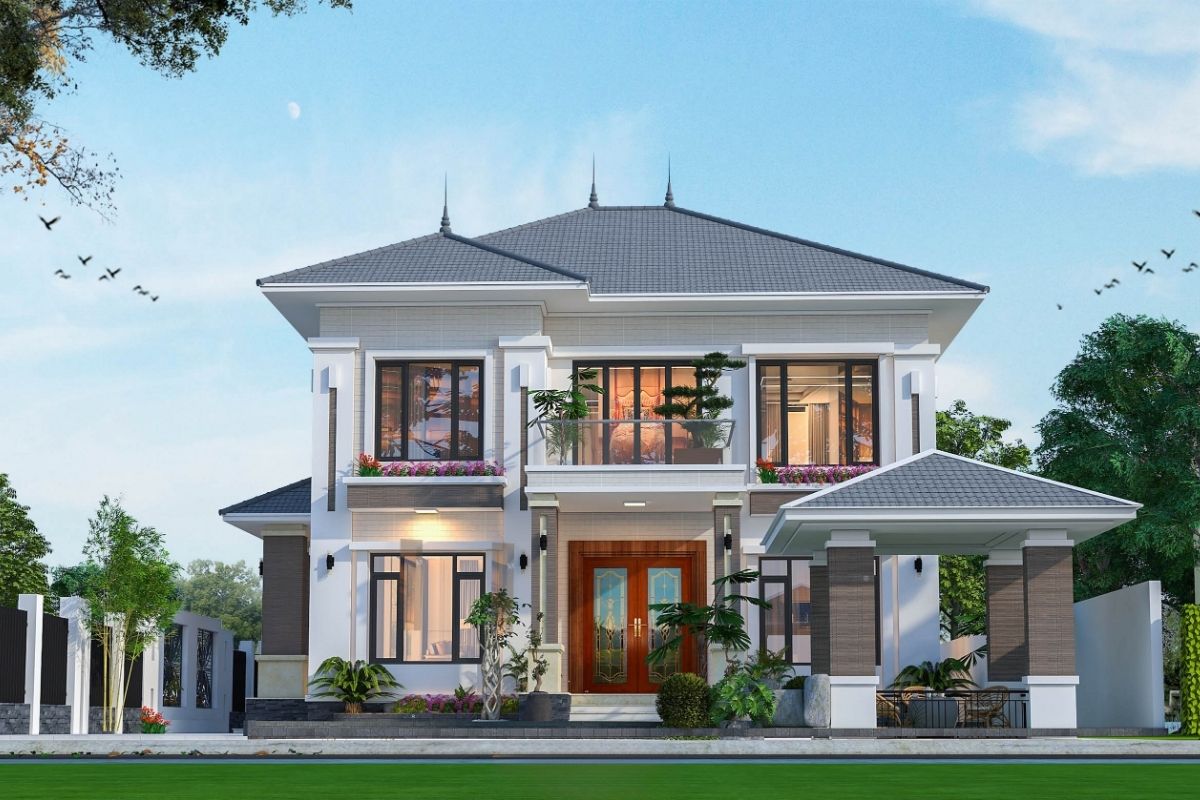 Biệt thự 2 tầng 6 phòng ngủ mái Nhật kết hợp sân vườn tạo nên không gian sống hài hòa (Ảnh: Sưu tầm)