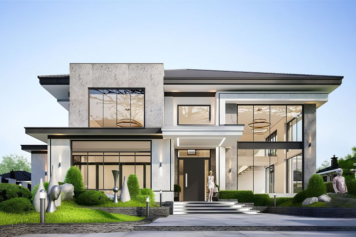 Nhà biệt thự 2 tầng 6 phòng ngủ đẹp phong cách hiện đại sở hữu mặt tiền trẻ trung (Ảnh: Sưu tầm)