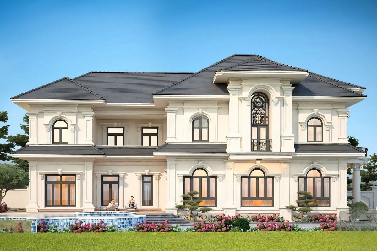 Thiết kế biệt thự 2 tầng 6 phòng ngủ tân cổ điển phù hợp gia chủ yêu thích sự đẳng cấp (Ảnh: Sưu tầm)