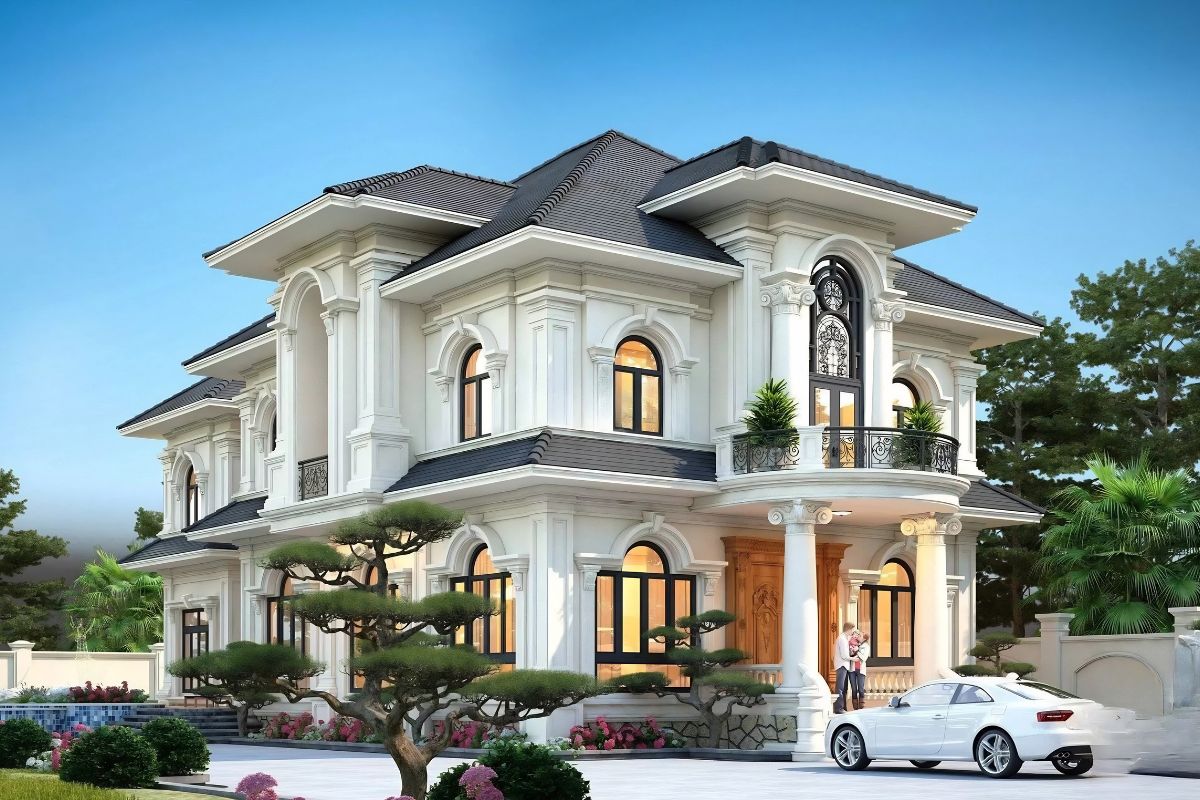 Biệt thự 2 tầng 6 phòng ngủ tân cổ điển kết hợp sân vườn tạo nên tổng thể bề thế (Ảnh: Sưu tầm)