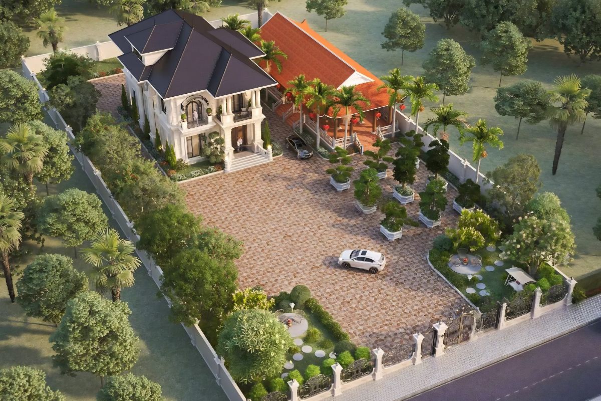 Thiết kế biệt thự 2 tầng 6 phòng ngủ sân vườn giúp kết nối hài hòa giữa kiến trúc và thiên nhiên (Ảnh: Sưu tầm)