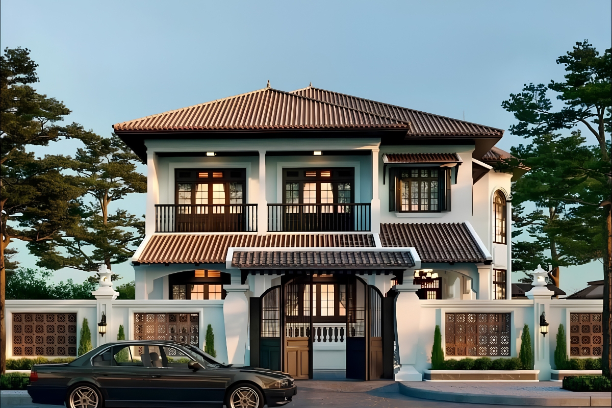 Nhờ mái dốc, hiên rộng và thông gió tự nhiên, thiết kế biệt thự 2 tầng phong cách Indochine luôn mang đến không gian sống thoáng mát quanh năm (Ảnh: Sưu tầm)