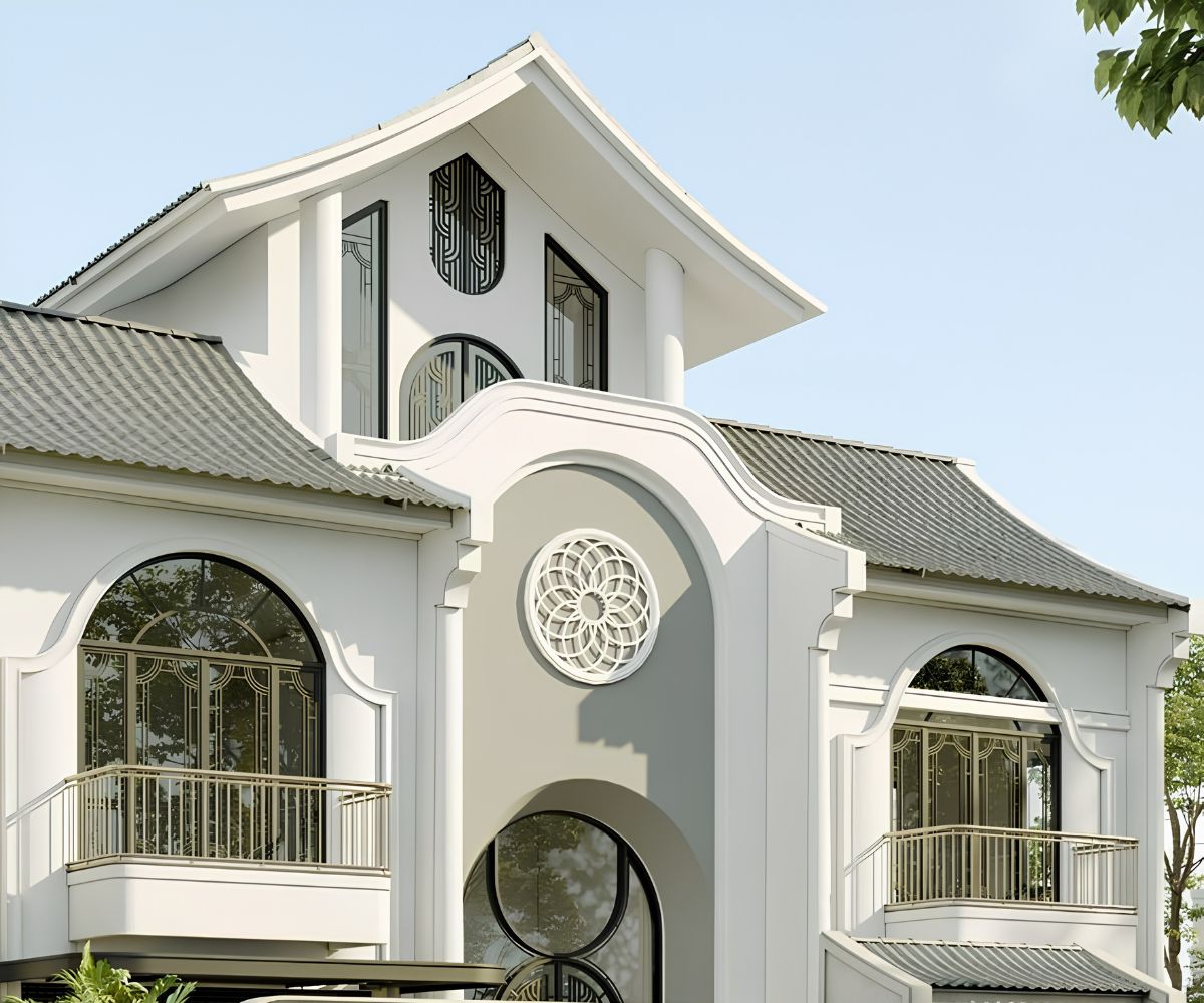 Mái dốc và hiên rộng là dấu ấn đặc trưng giúp nhà biệt thự 2 tầng Indochine vừa đẹp thẩm mỹ vừa thích ứng hiệu quả với khí hậu Việt Nam (Ảnh: Sưu tầm)