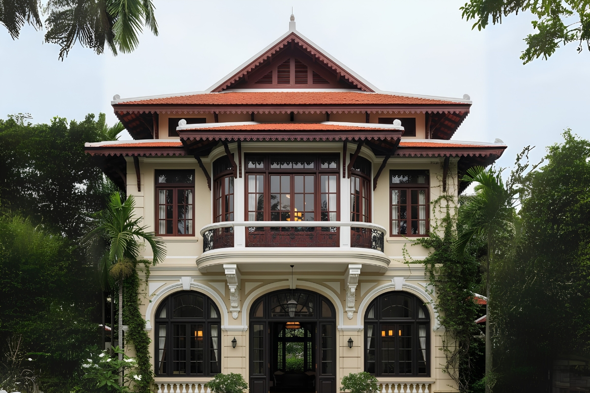 Bảng màu trung tính mang đến vẻ đẹp thanh lịch, ấm áp và đầy chiều sâu cho biệt thự 2 tầng kiểu Đông Dương (Ảnh: Sưu tầm)