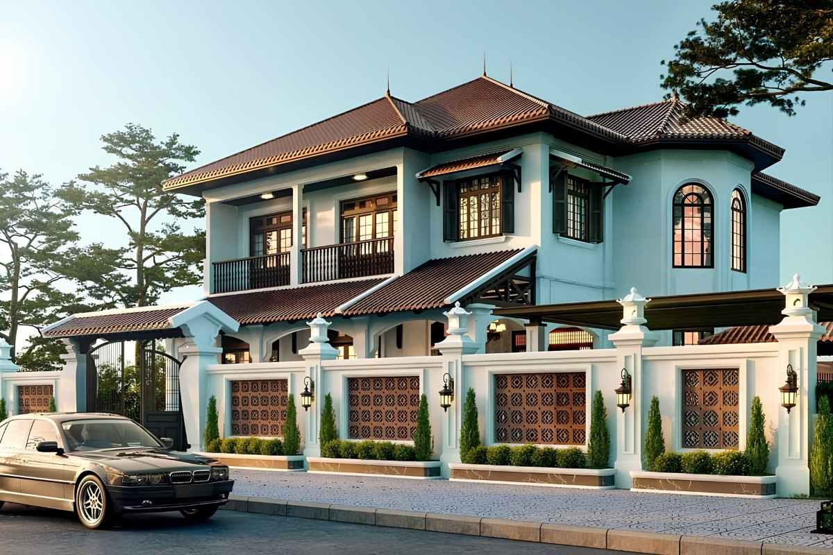 Hệ cửa lớn và cửa chớp truyền thống giúp biệt thự Indochine hiện đại 2 tầng luôn ngập tràn ánh sáng và gió trời (Ảnh: Sưu tầm)